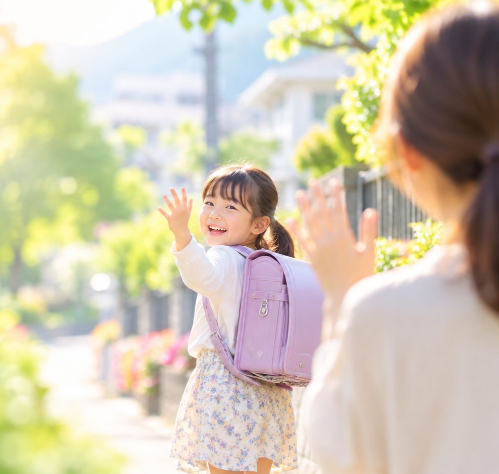 ランドセルを背負って笑顔で手を振る女の子と、手を振って見送る保護者